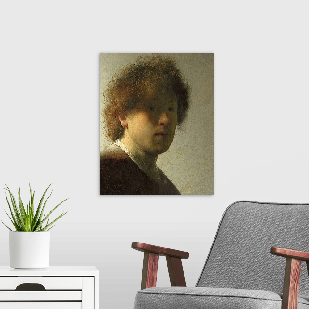 A modern room featuring Self portrait of Rembrandt as a young man.