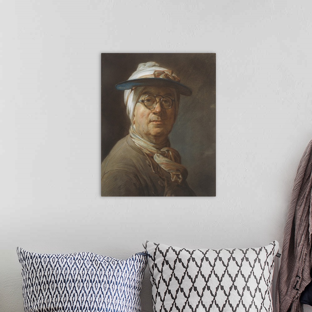 A bohemian room featuring Self portrait with a visor, c.1776, pastel on paper, mounted on canvas.
