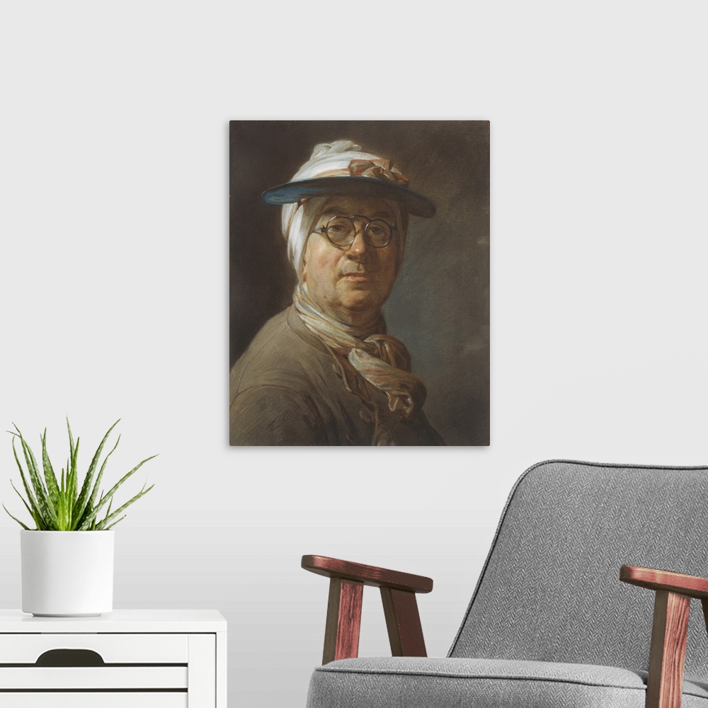A modern room featuring Self portrait with a visor, c.1776, pastel on paper, mounted on canvas.