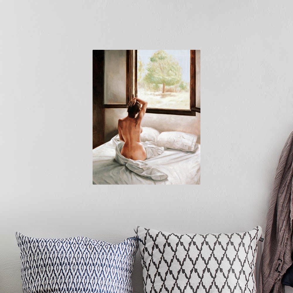 A bohemian room featuring An oil painting of a nude woman sitting up in bed with only a view of her back looking out a larg...