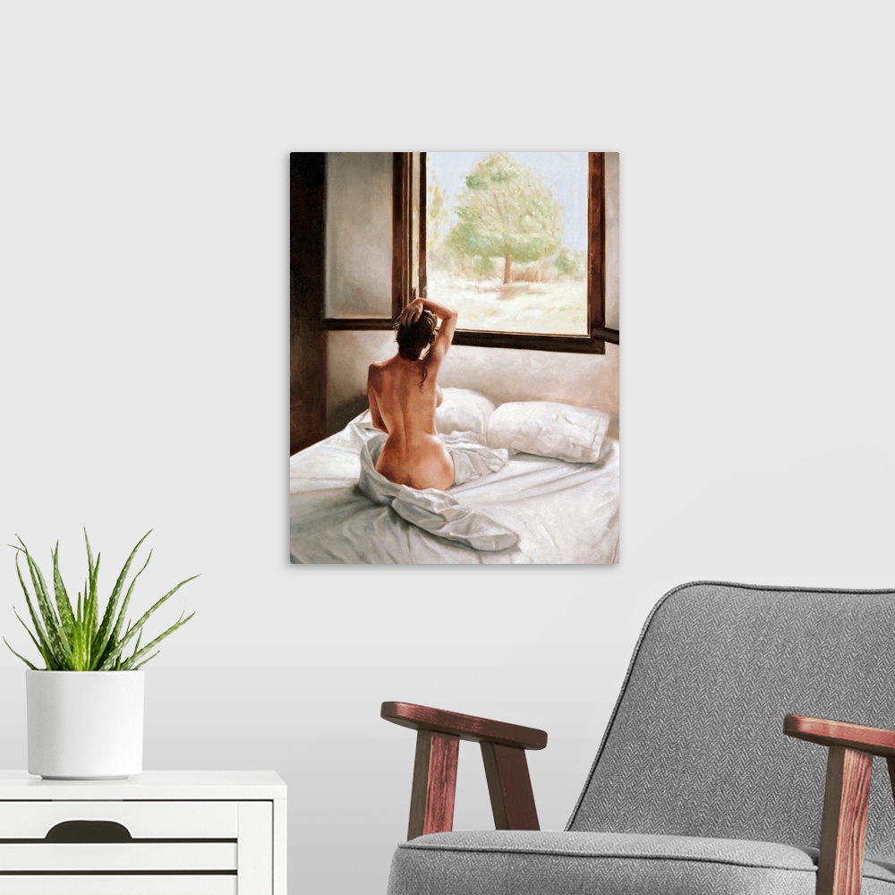 A modern room featuring An oil painting of a nude woman sitting up in bed with only a view of her back looking out a larg...