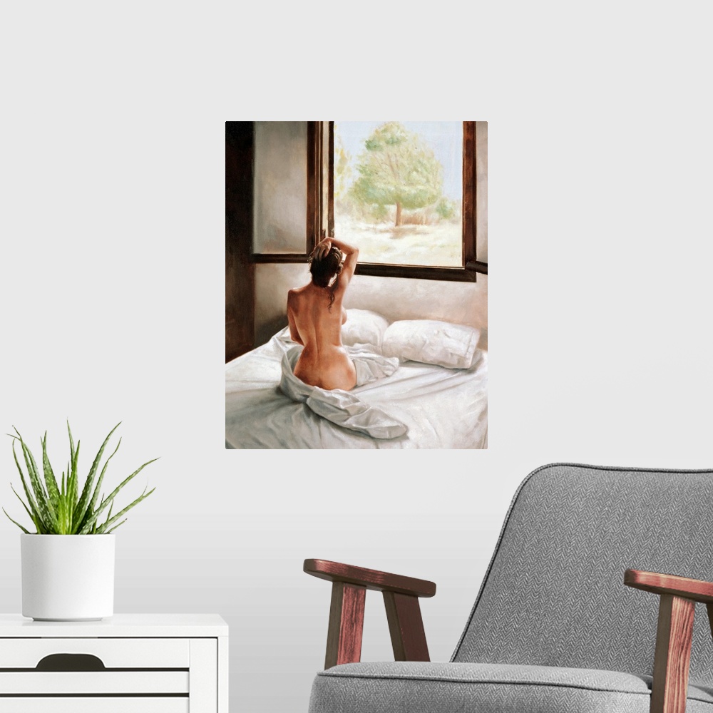 A modern room featuring An oil painting of a nude woman sitting up in bed with only a view of her back looking out a larg...
