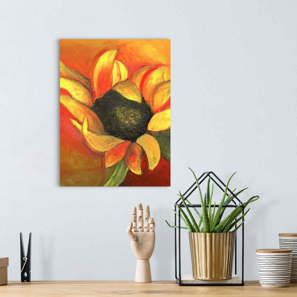 A bohemian room featuring Contemporary artwork of a sunflower with ruffled petals.
