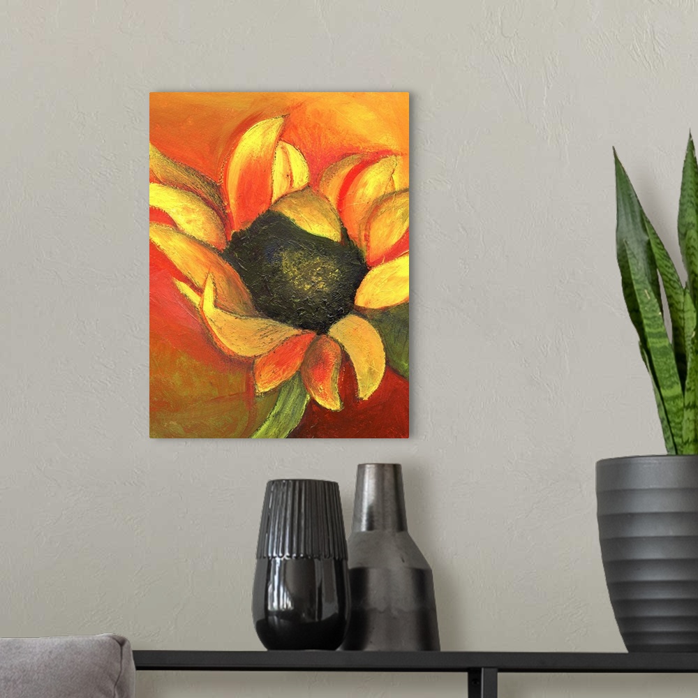 A modern room featuring Contemporary artwork of a sunflower with ruffled petals.
