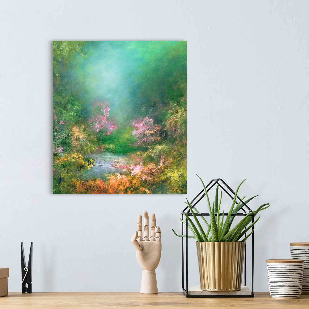 A bohemian room featuring Contemporary painting of a serene garden.