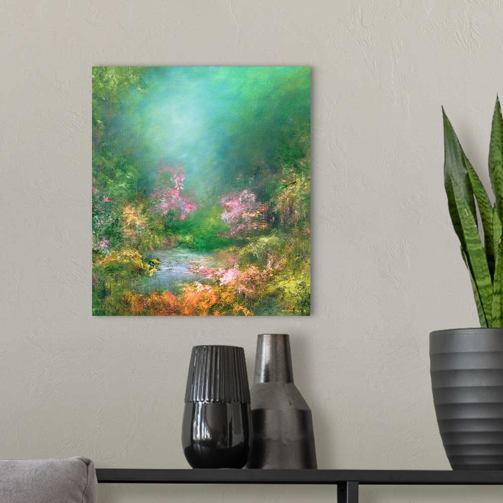 A modern room featuring Contemporary painting of a serene garden.