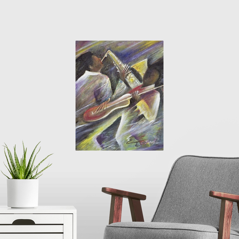 A modern room featuring A contemporary piece of artwork with a saxophone player and a cello player with pastel like color...