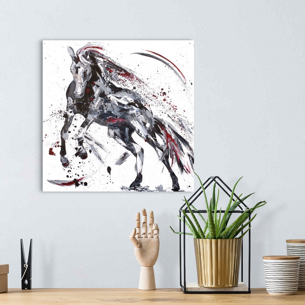 A bohemian room featuring Contemporary painting of a horse using black and tones.