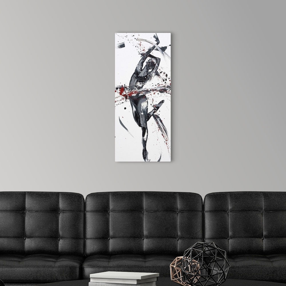 A modern room featuring Contemporary painting using gray scale  tones to create a dancing figure.