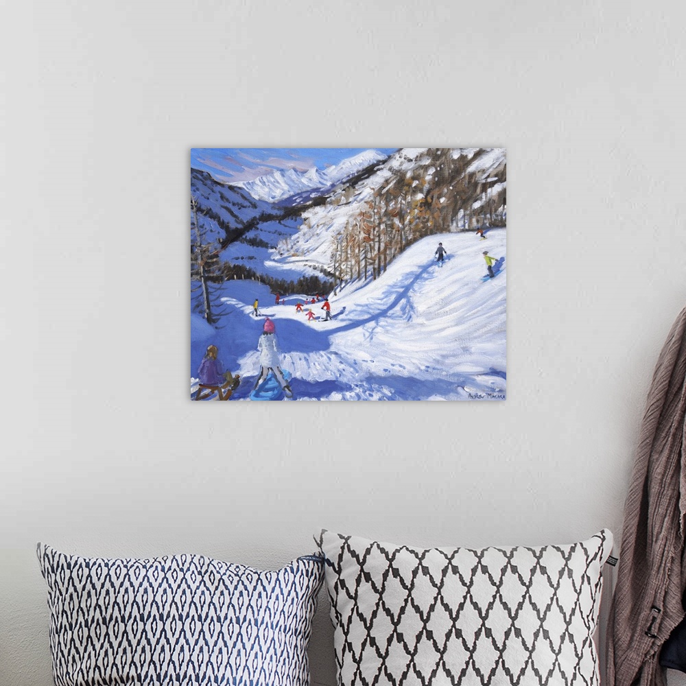 A bohemian room featuring Contemporary painting of a snowscape with people skiing down the slopes.