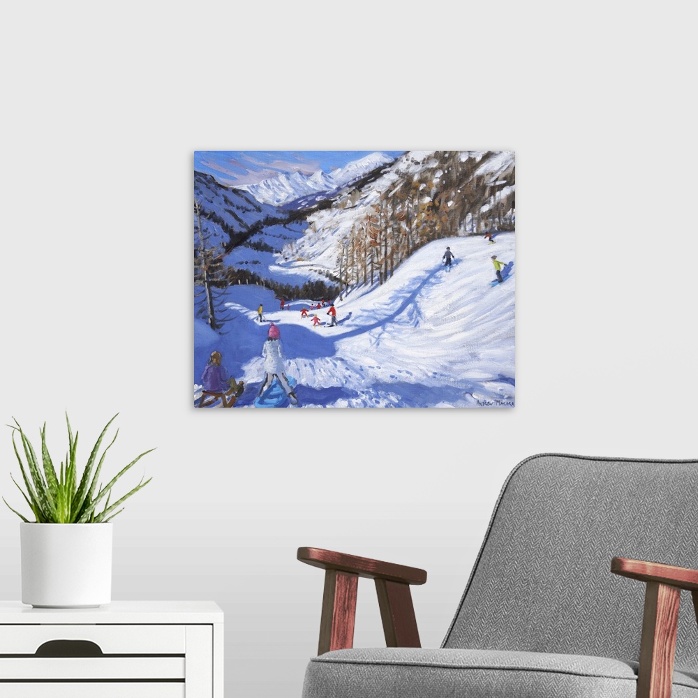 A modern room featuring Contemporary painting of a snowscape with people skiing down the slopes.