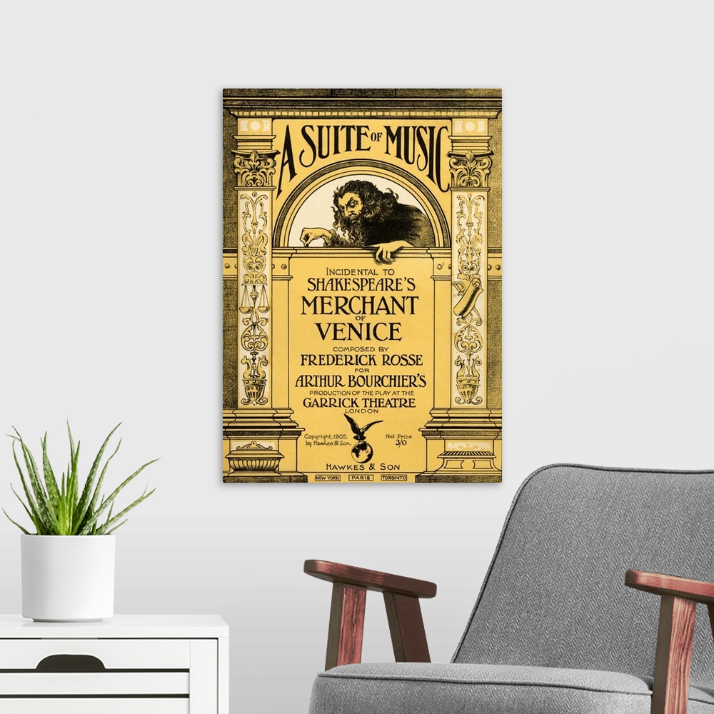 A modern room featuring SHAKESPEARE's- MERCHANT OF VENICE Title Page/cover of score for music accompanying the play, by F...