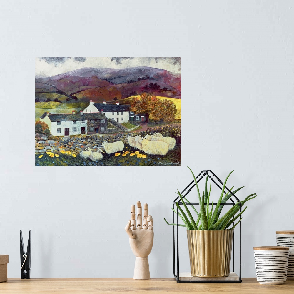 A bohemian room featuring Contemporary painting of a flock of sheep near a farmhouse in the countryside.