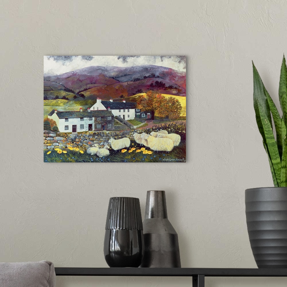 A modern room featuring Contemporary painting of a flock of sheep near a farmhouse in the countryside.