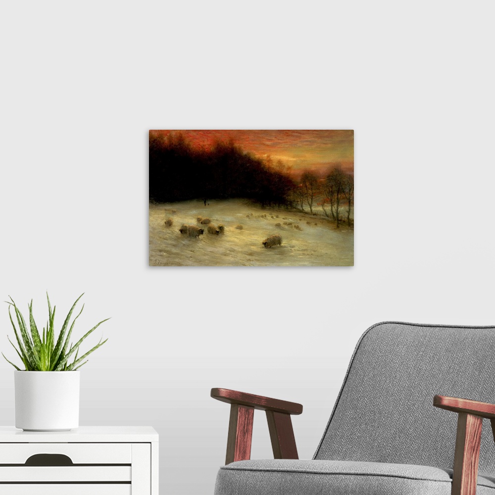 A modern room featuring Sheep in a Winter Landscape