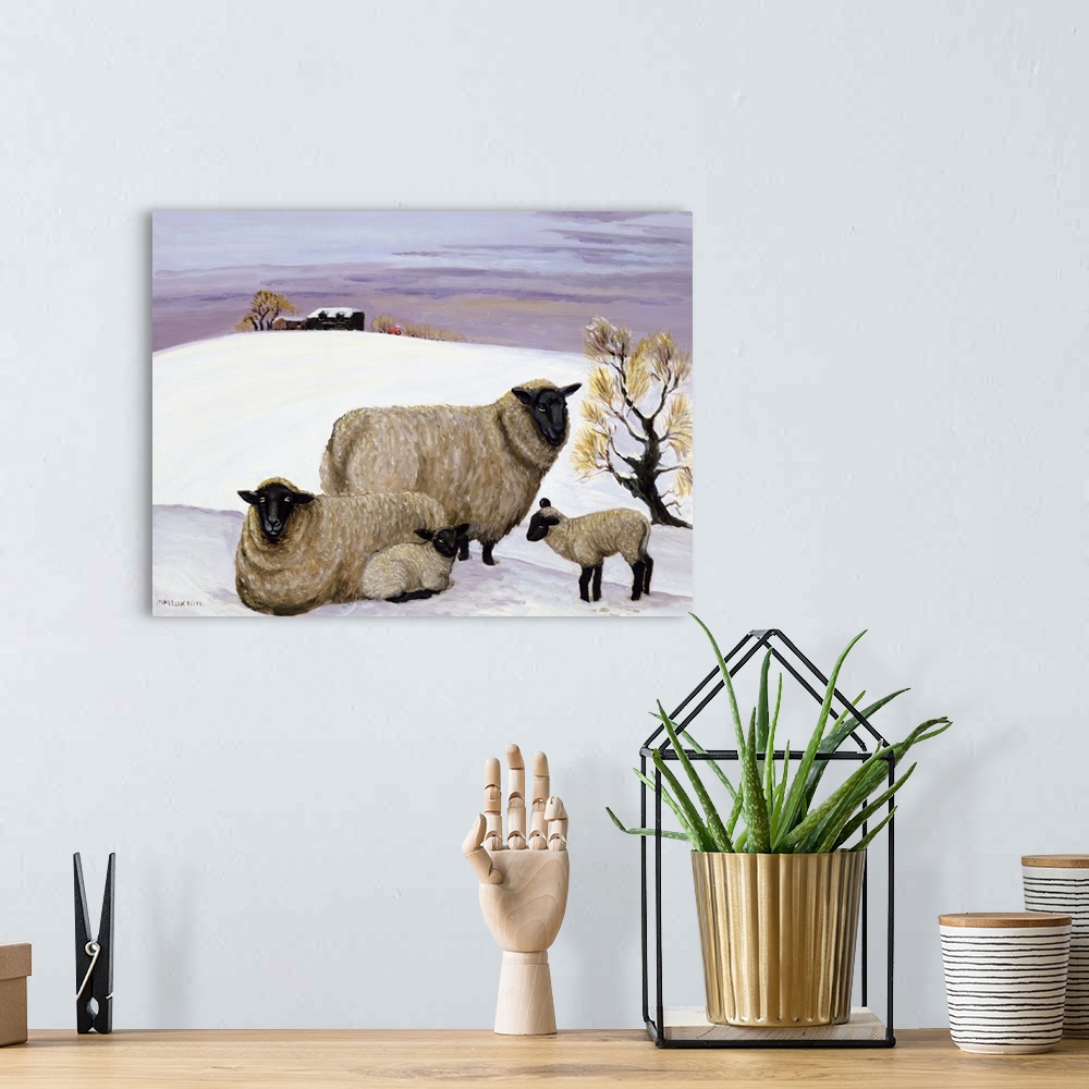 A bohemian room featuring Contemporary painting of two sheep and their lambs in the snow.
