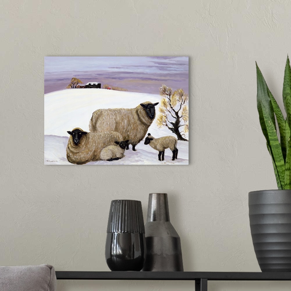 A modern room featuring Contemporary painting of two sheep and their lambs in the snow.