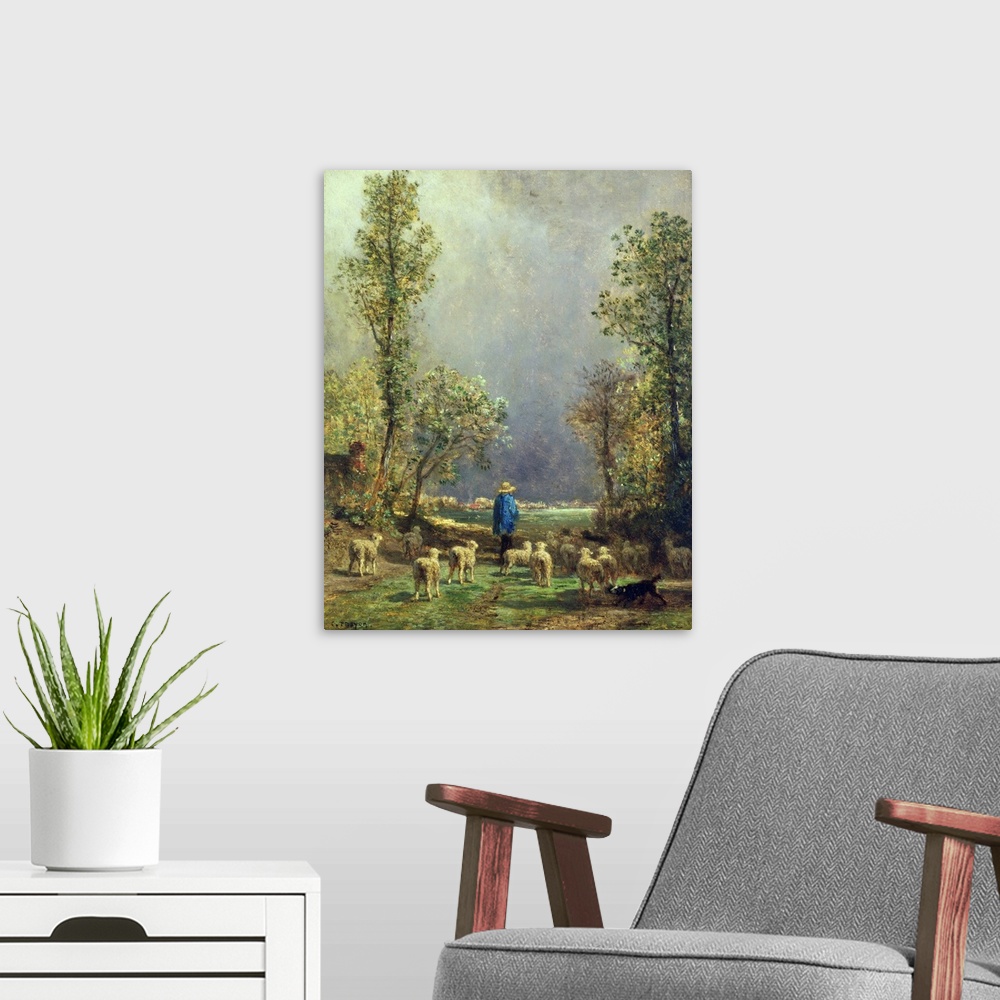 A modern room featuring Sheep watching a Storm