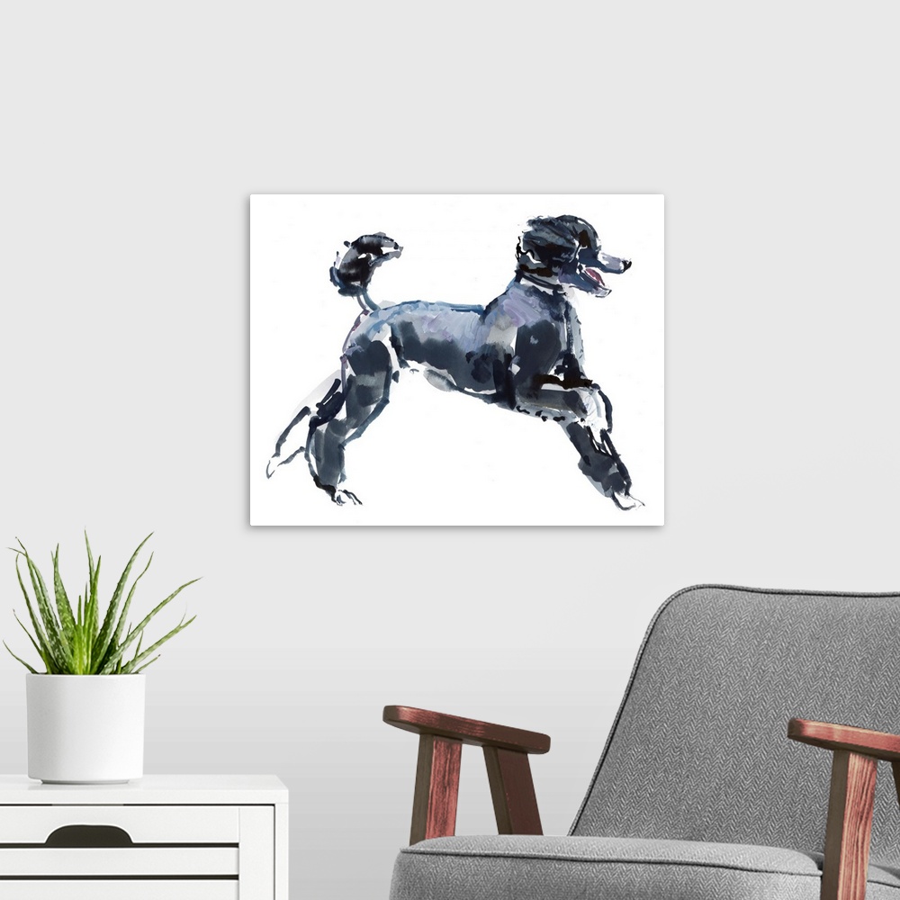 A modern room featuring Contemporary watercolor painting of a dog against a white background.