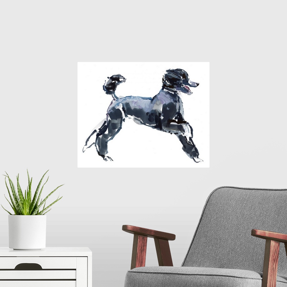A modern room featuring Contemporary watercolor painting of a dog against a white background.