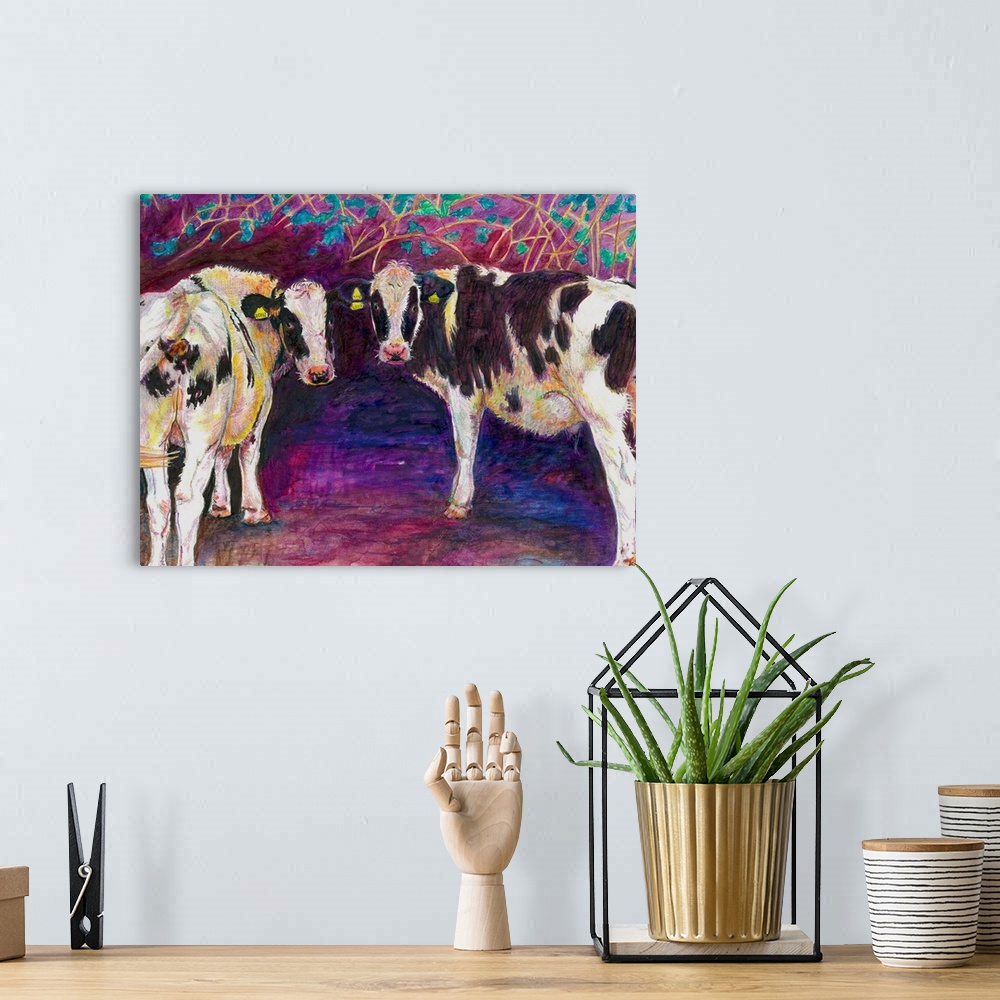 A bohemian room featuring Contemporary painting of two cows standing side by side looking back.
