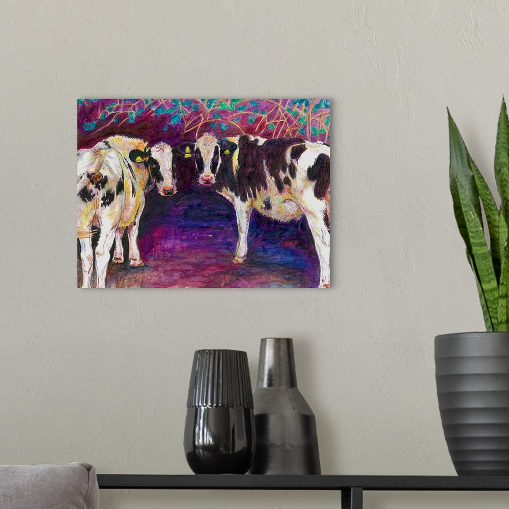 A modern room featuring Contemporary painting of two cows standing side by side looking back.