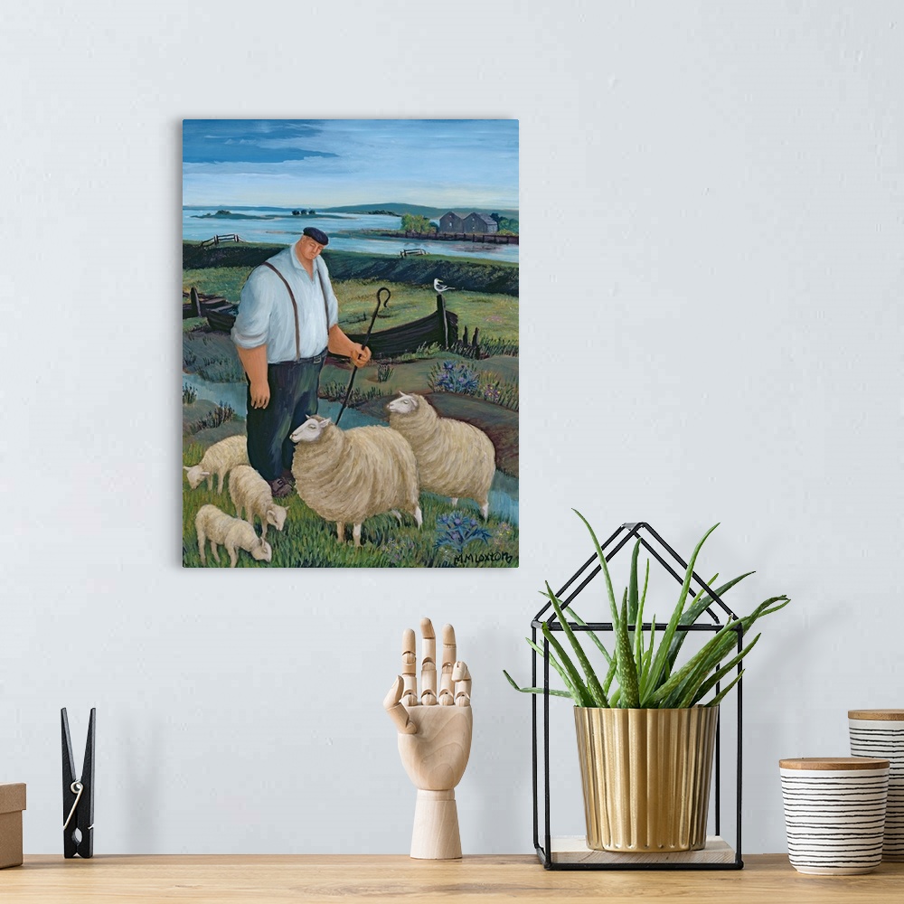 A bohemian room featuring Contemporary painting of a farmer tending to his flock of sheep.