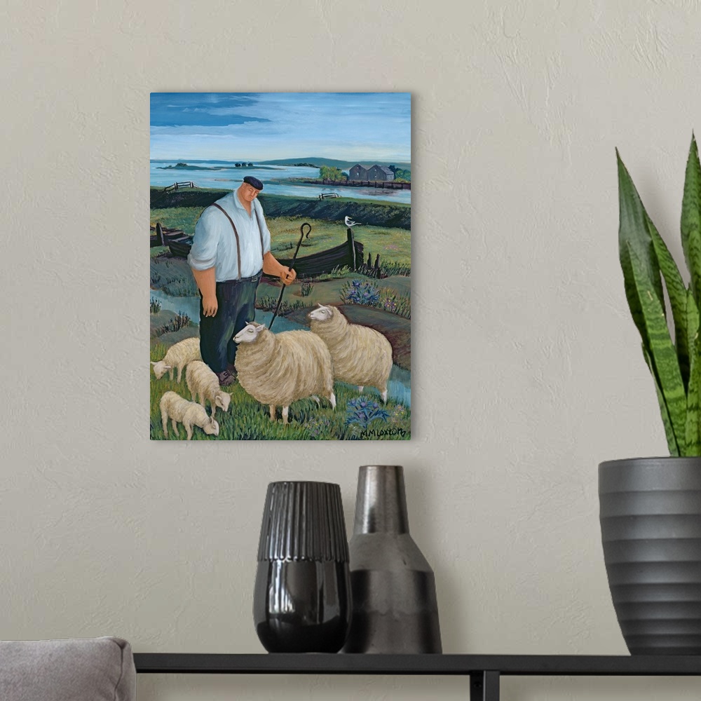 A modern room featuring Contemporary painting of a farmer tending to his flock of sheep.
