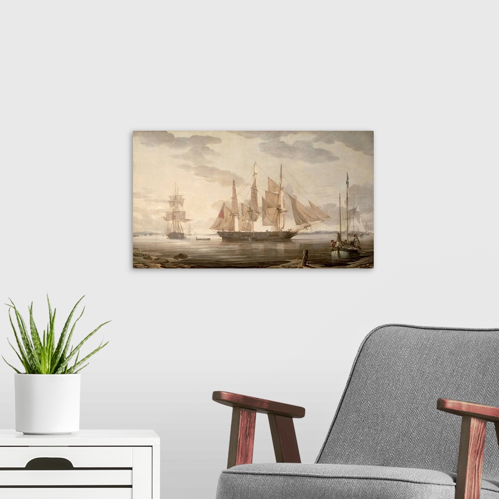 A modern room featuring Ships in Harbour, 1805