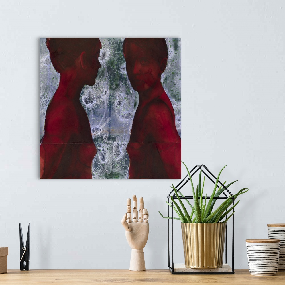 A bohemian room featuring Contemporary watercolor painting of two female figures.