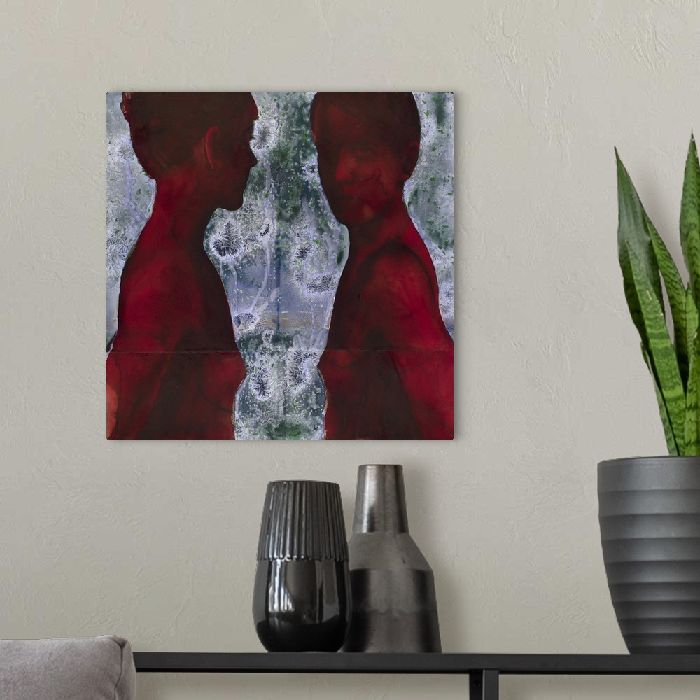 A modern room featuring Contemporary watercolor painting of two female figures.