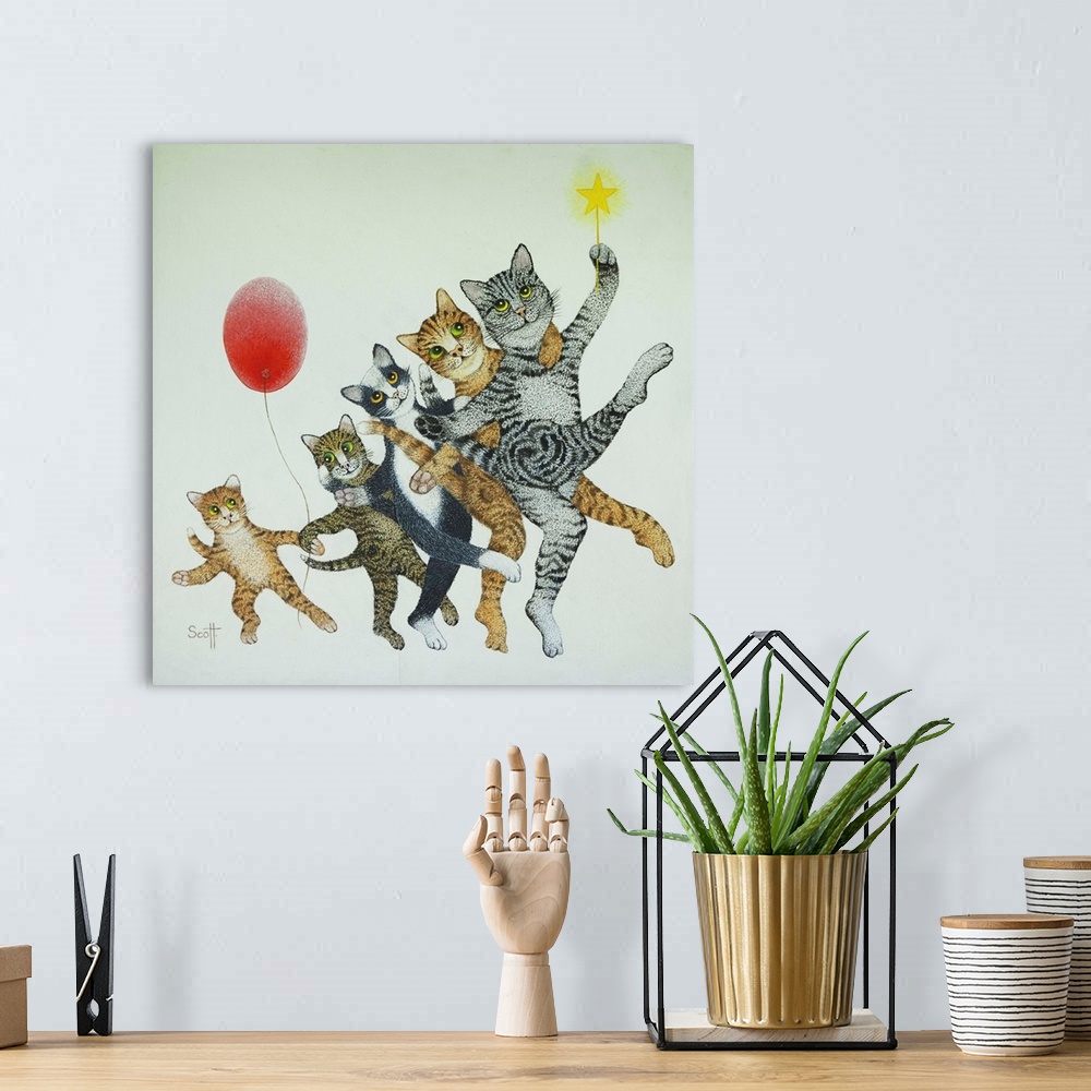 A bohemian room featuring Illustration of five cats dancing in a line, with a red balloon.