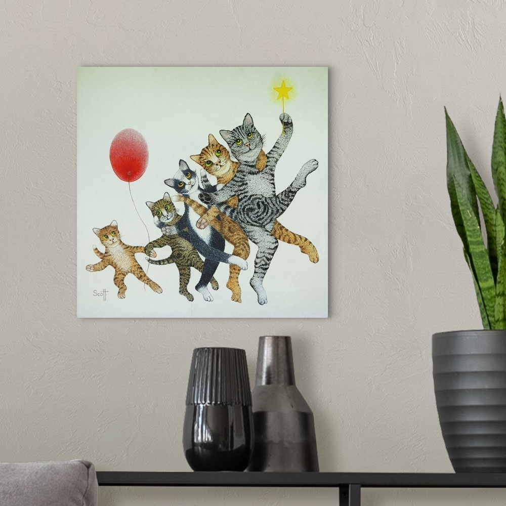 A modern room featuring Illustration of five cats dancing in a line, with a red balloon.
