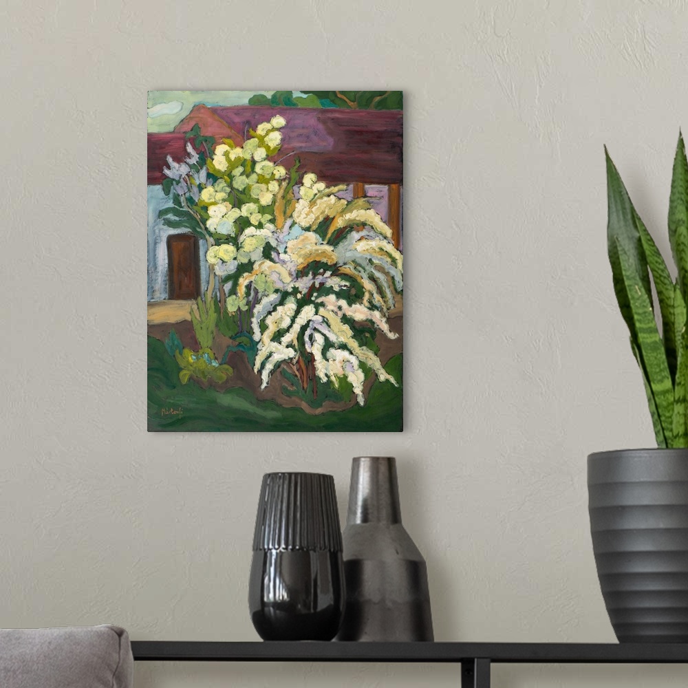 A modern room featuring Shrubbery in Bloom, oil on board