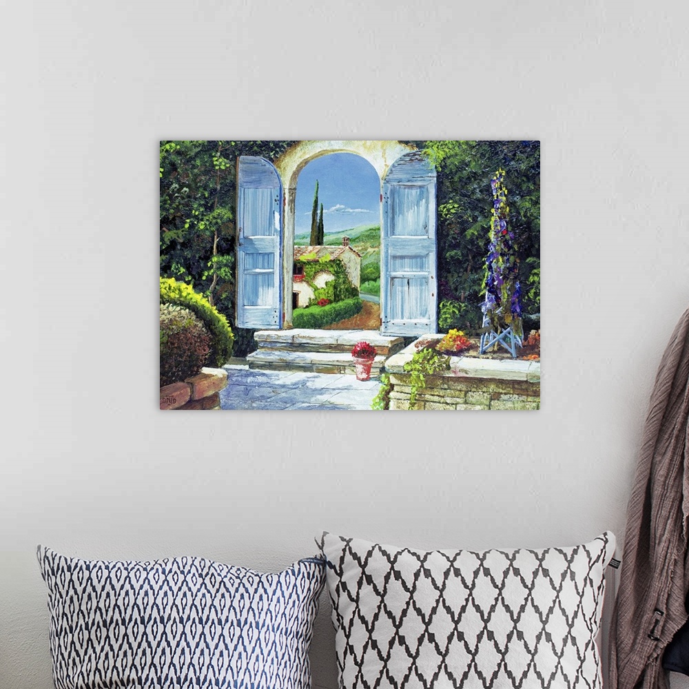 A bohemian room featuring A large contemporary artwork piece of a garden with the doors opened where a view of a house and ...