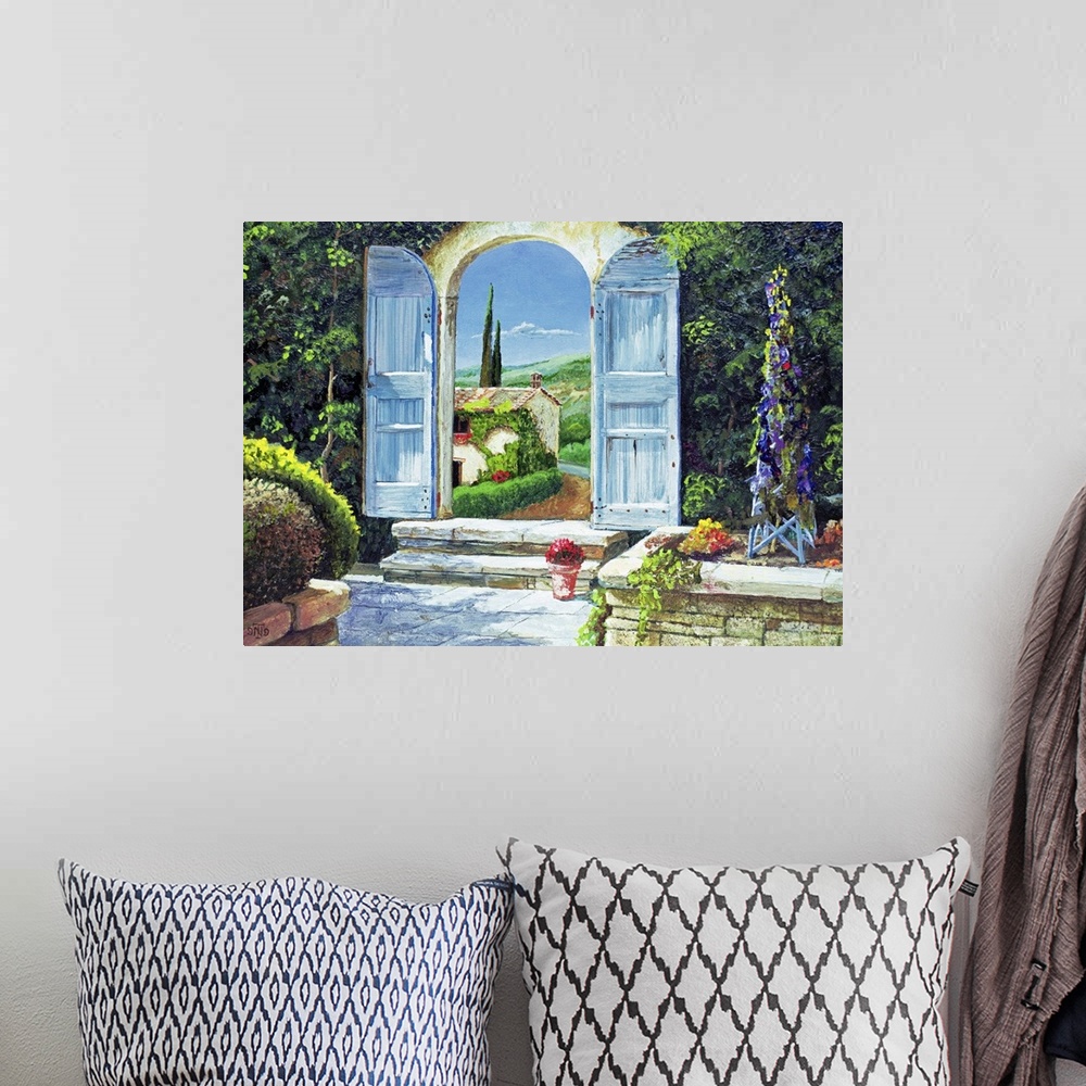 A bohemian room featuring A large contemporary artwork piece of a garden with the doors opened where a view of a house and ...