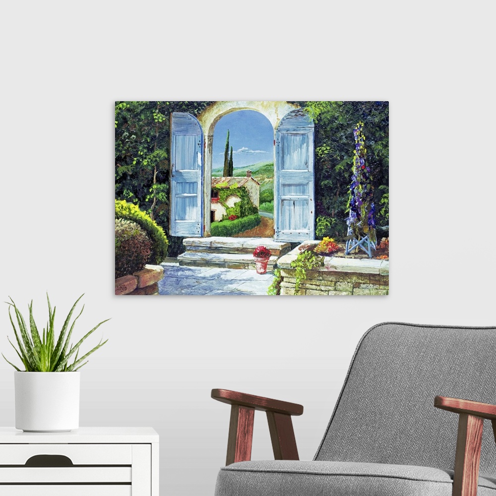 A modern room featuring A large contemporary artwork piece of a garden with the doors opened where a view of a house and ...