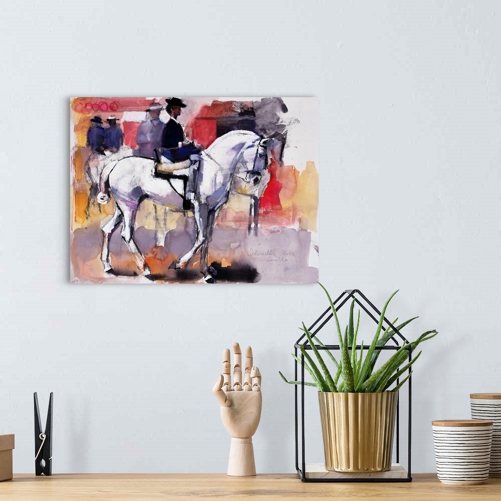 A bohemian room featuring Contemporary artwork of a woman riding on a white horse with more people in the background and bl...