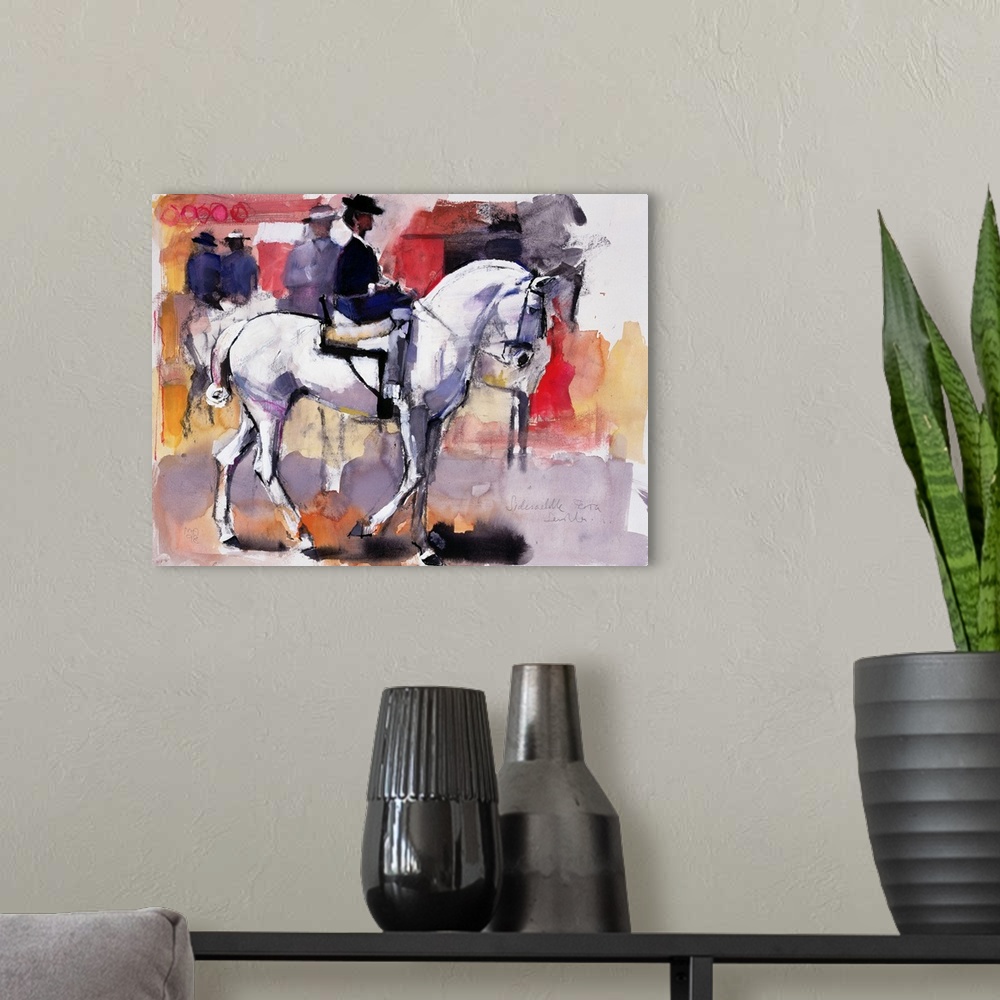 A modern room featuring Contemporary artwork of a woman riding on a white horse with more people in the background and bl...