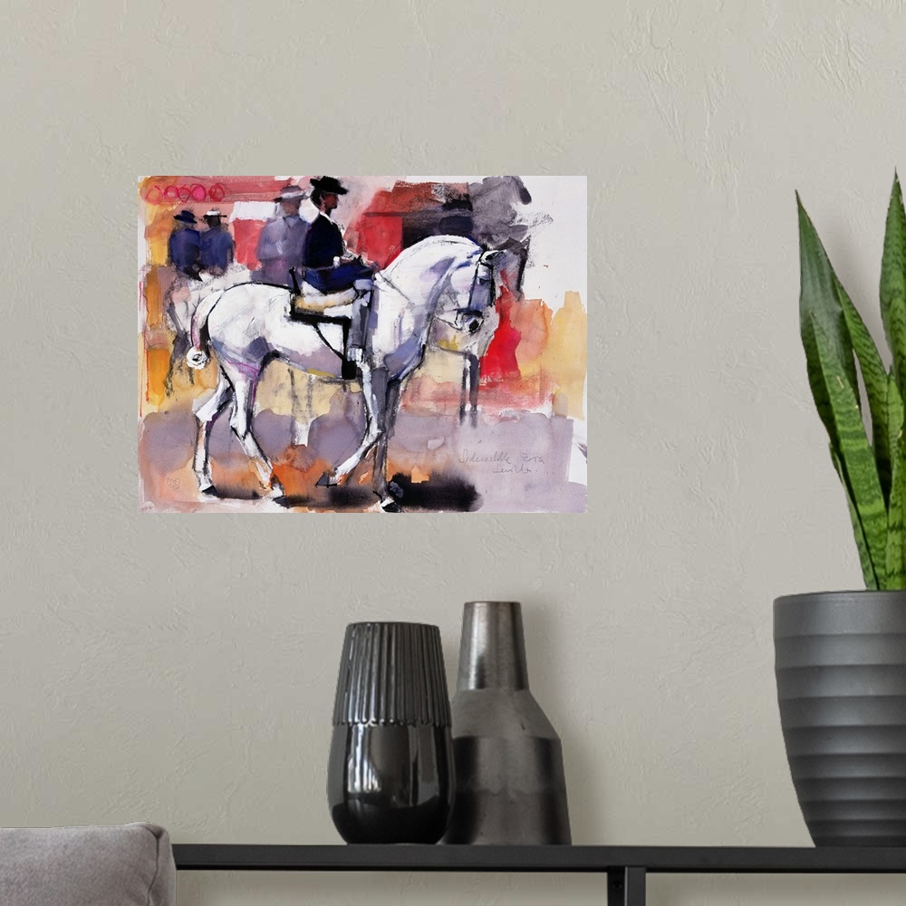 A modern room featuring Contemporary artwork of a woman riding on a white horse with more people in the background and bl...