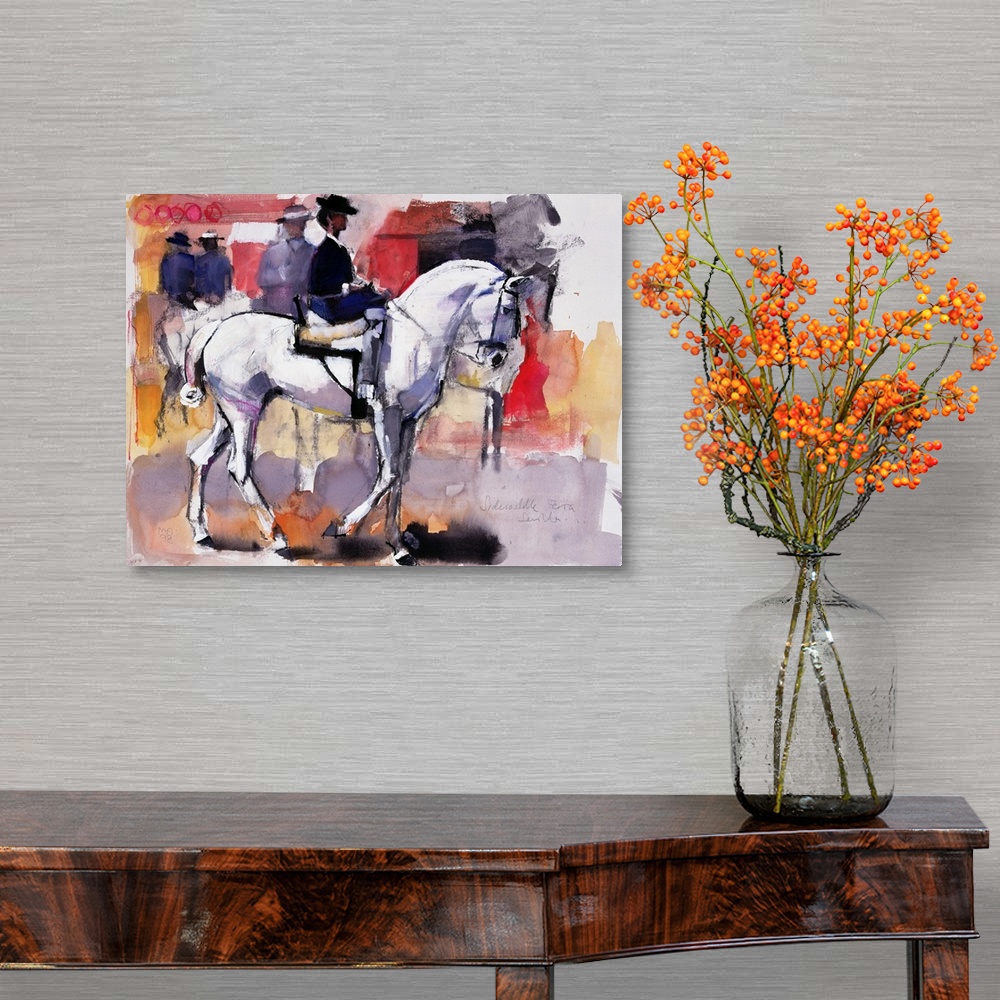 A traditional room featuring Contemporary artwork of a woman riding on a white horse with more people in the background and bl...