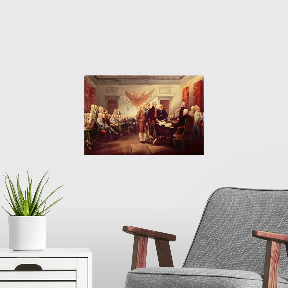 A modern room featuring Big classic art portrays the meeting of the Continental Congress in the later part of the 18th ce...