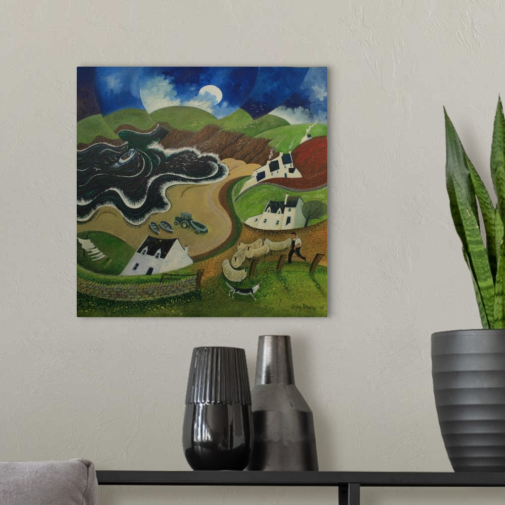 A modern room featuring Contemporary painting of a dog and shepherd by an ocean village.