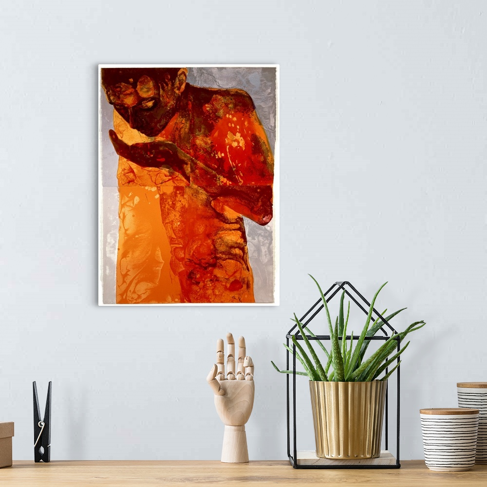 A bohemian room featuring A giclee print on canvas originally from a silkscreen print. An abstracted human figure sips from...