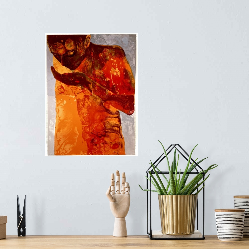 A bohemian room featuring A giclee print on canvas originally from a silkscreen print. An abstracted human figure sips from...
