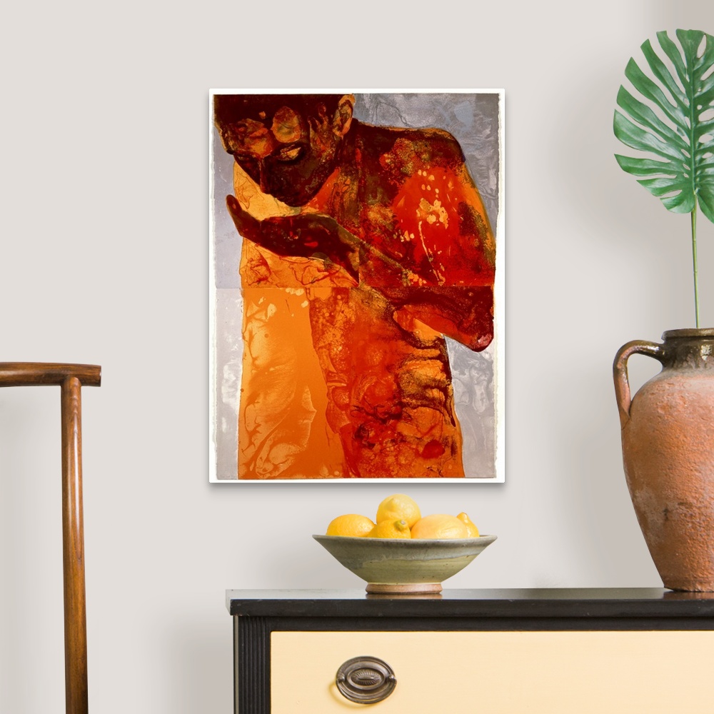 A traditional room featuring A giclee print on canvas originally from a silkscreen print. An abstracted human figure sips from...
