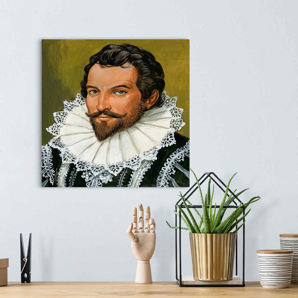 A bohemian room featuring Sir Walter Raleigh. Original artwork for Look and Learn.
