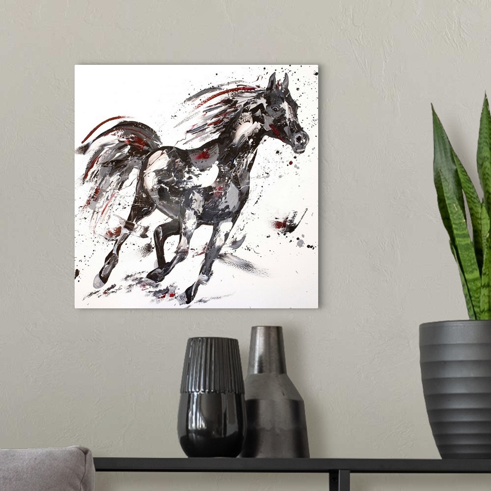 A modern room featuring Contemporary painting using black and gray tones to create a horse running against a white backgr...