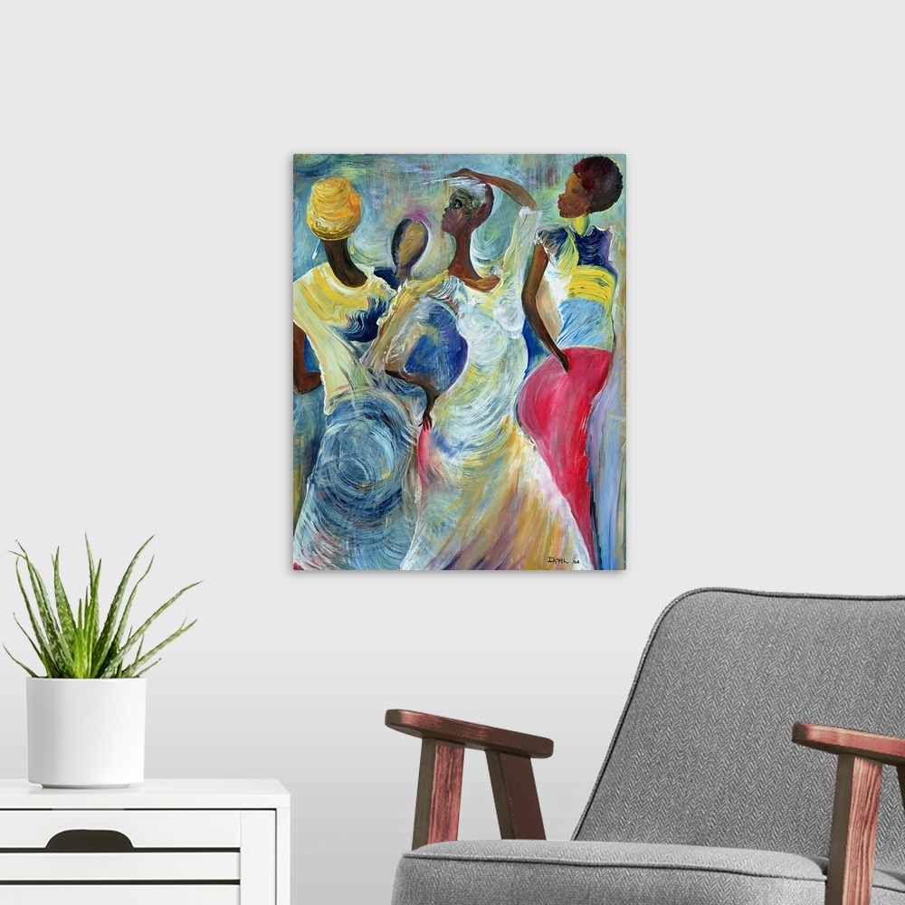 A modern room featuring A large vertical painting of four African American women who are dancing. The brush strokes are a...