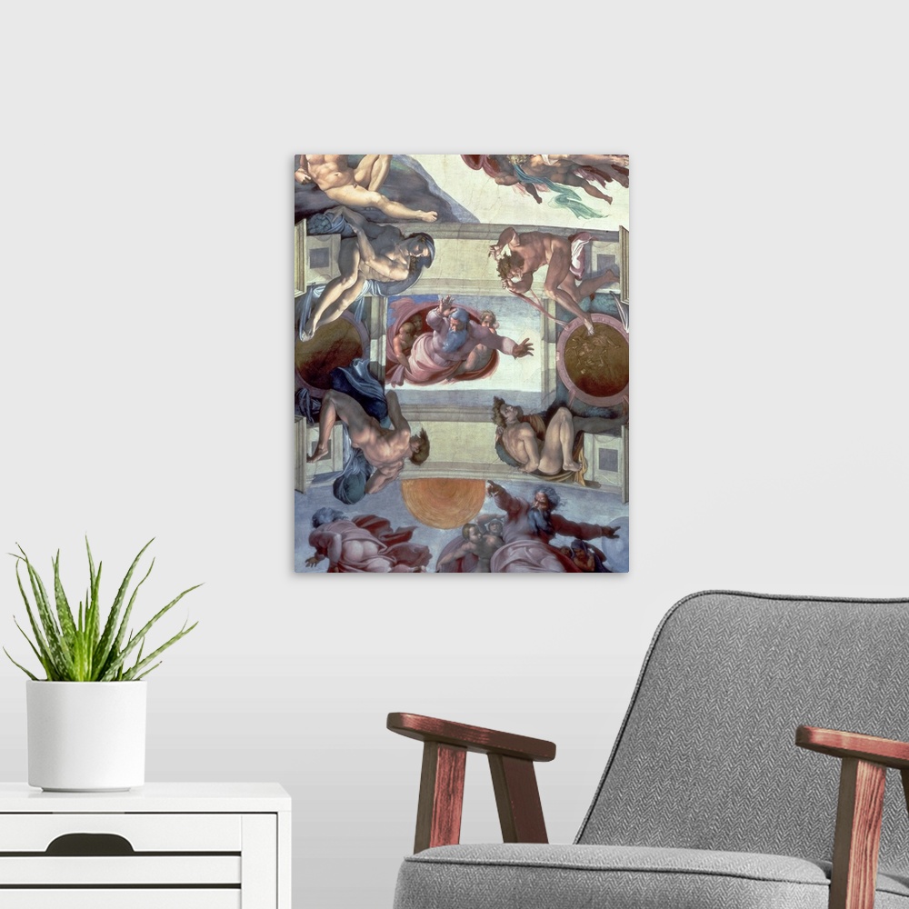 A modern room featuring BAL148864 Sistine Chapel Ceiling (1508-12): The Separation of the Waters from the Earth, 1511-12 ...